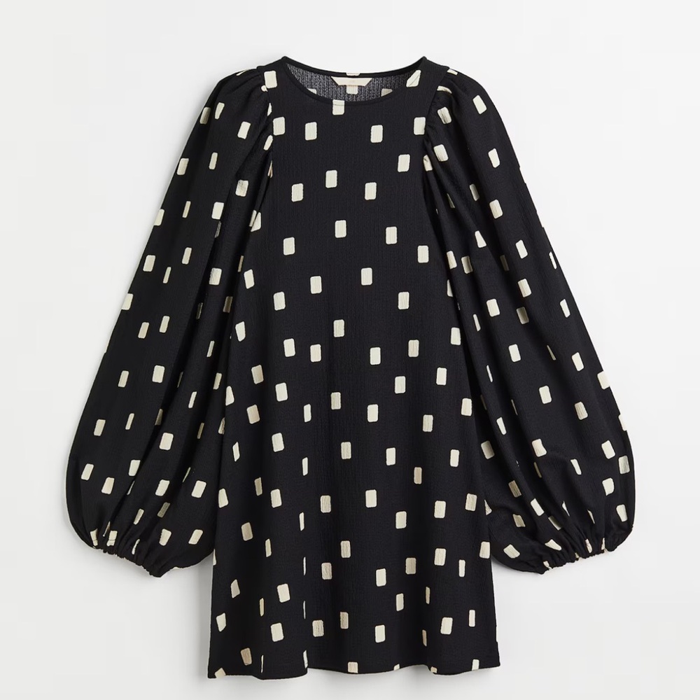 Balloon Sleeve Mini Black and White Patterned Dress